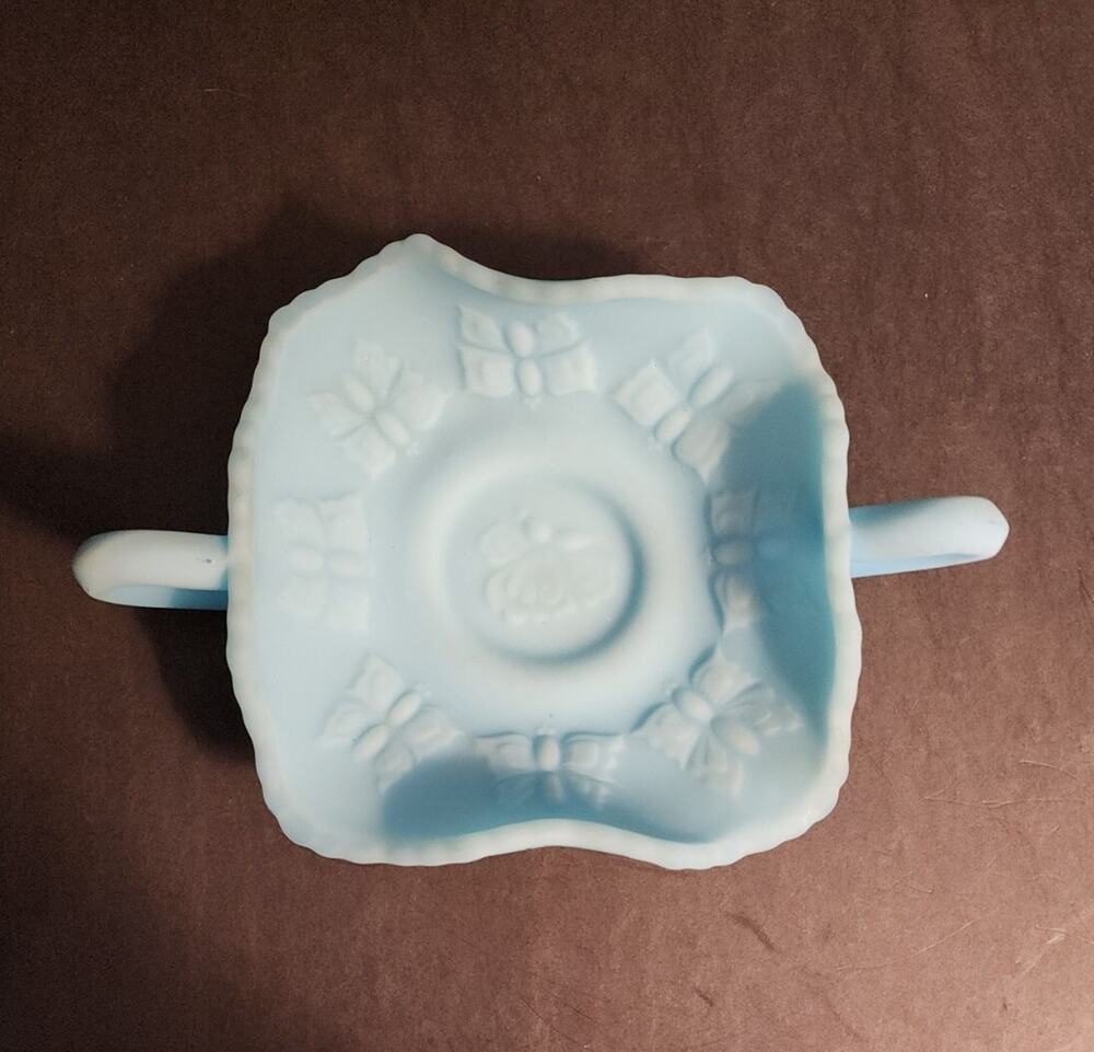 Vtg Fenton Blue Satin Glass Butterfly Ruffled Edge Candy Bon Bon Dish 2 Handles
